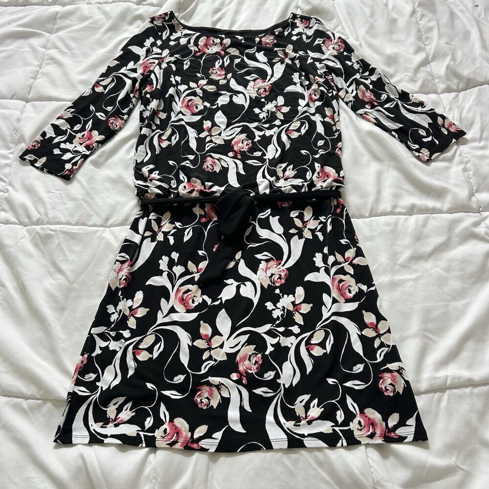 White House Black Market Womens Small Tie Dress Floral Long Sleeve Black Pink‎